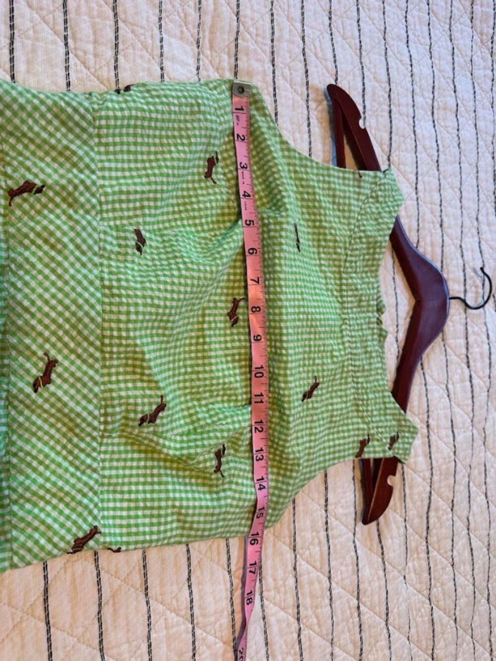 Dachshund Print Green and White Gingham Seersucker Preppy Mini Dress - XS - Picture 5 of 7